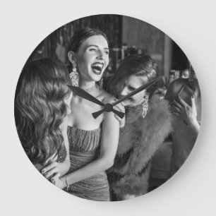 Laughing girls: stylish black-white photo large clock