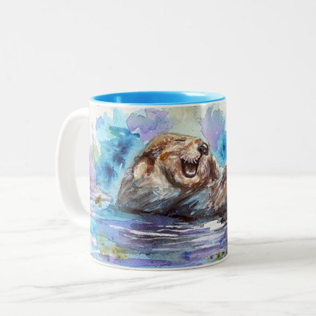 Laughing Otter watercolor painting mug (Front Left)