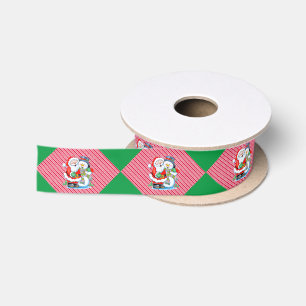 Laughing Santa Claus and Snowman Christmas Stripes Satin Ribbon