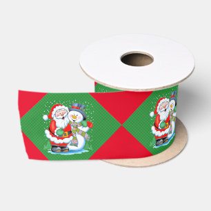 Laughing Santa Claus and Snowman Christmas Stripes Satin Ribbon