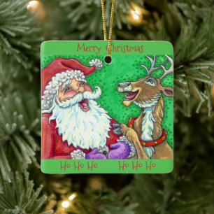 LAUGHING SANTA & REINDEER CHRISTMAS CERAMIC ORNAMENT