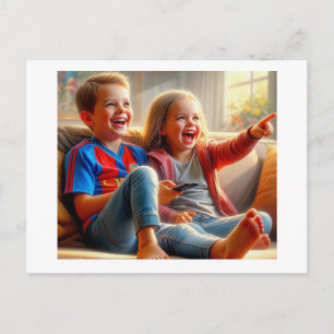 Laughing Siblings On The Couch,  Postcard