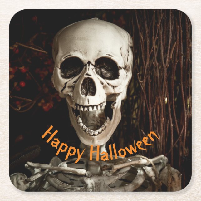 Laughing Skeleton Halloween Paper Square Paper Coaster (Front)