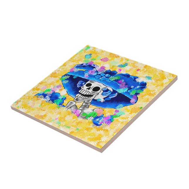 Laughing Skeleton Woman Dia De Los Muertos Tile (Side)