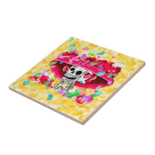 Laughing Skeleton Woman Dia De Los Muertos Tile