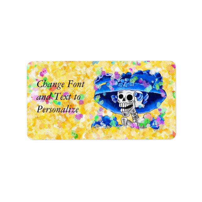 Laughing Skeleton Woman in Blue Bonnet Label (Front)