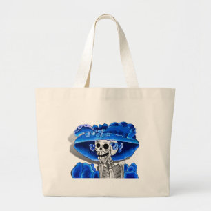 Laughing Skeleton Woman in Blue Bonnet Large Tote Bag