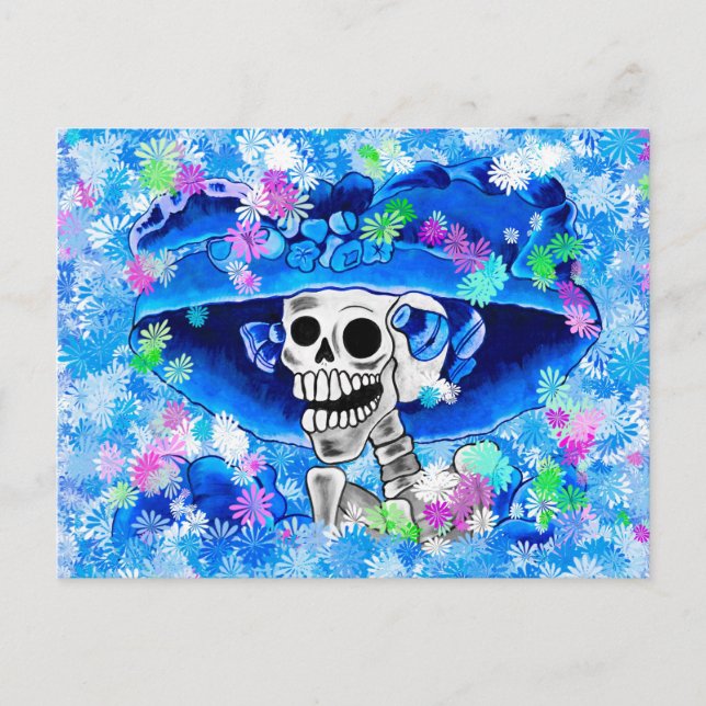 Laughing Skeleton Woman in Blue Bonnet on Blue Postcard (Front)