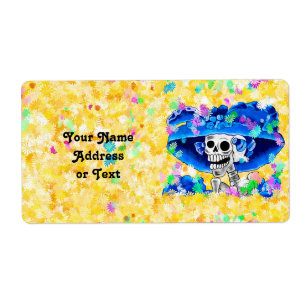 Laughing Skeleton Woman in Blue Bonnet on Yellow