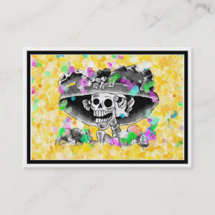 Laughing Skeleton Woman in Bonnet on Yellow Business Card