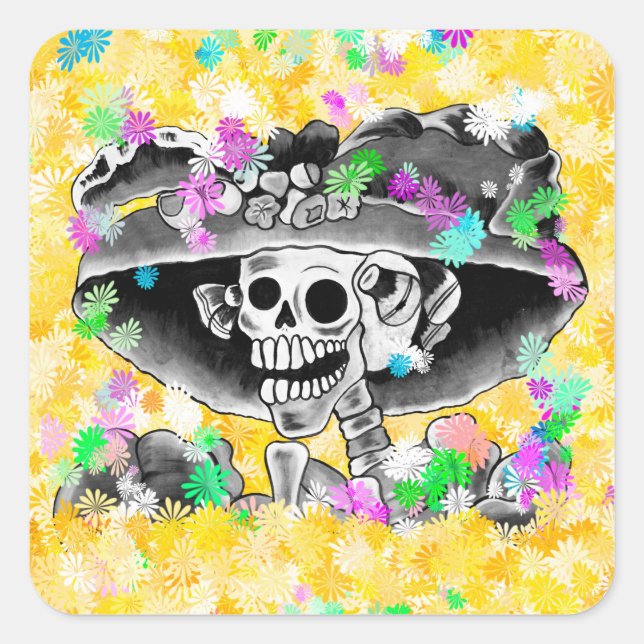 Laughing Skeleton Woman in Bonnet on Yellow Square Sticker (Front)