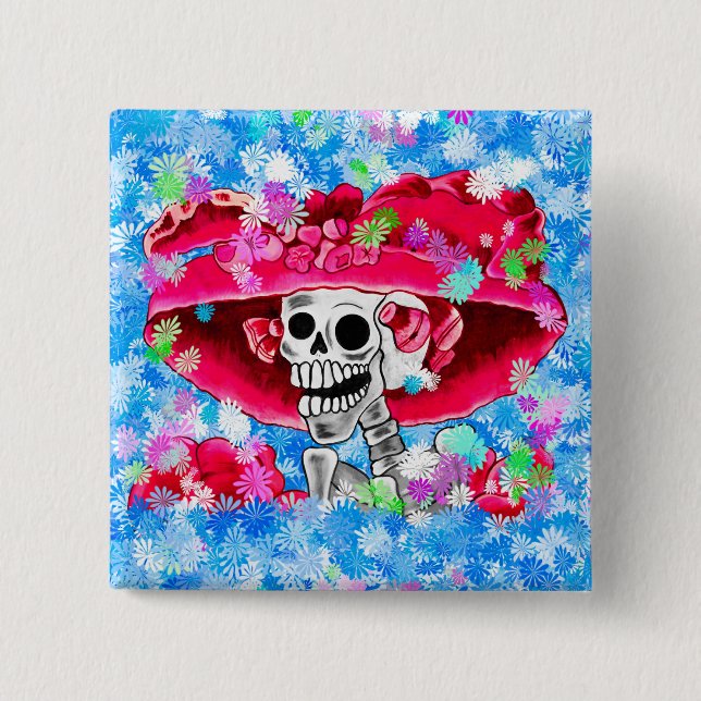 Laughing Skeleton Woman in Red Bonnet 2 Inch Square Button (Front)
