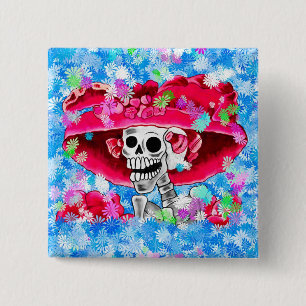 Laughing Skeleton Woman in Red Bonnet 2 Inch Square Button