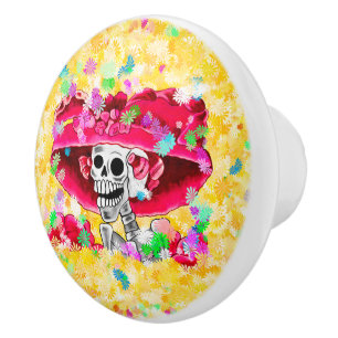 Laughing Skeleton Woman in Red Bonnet Ceramic Knob