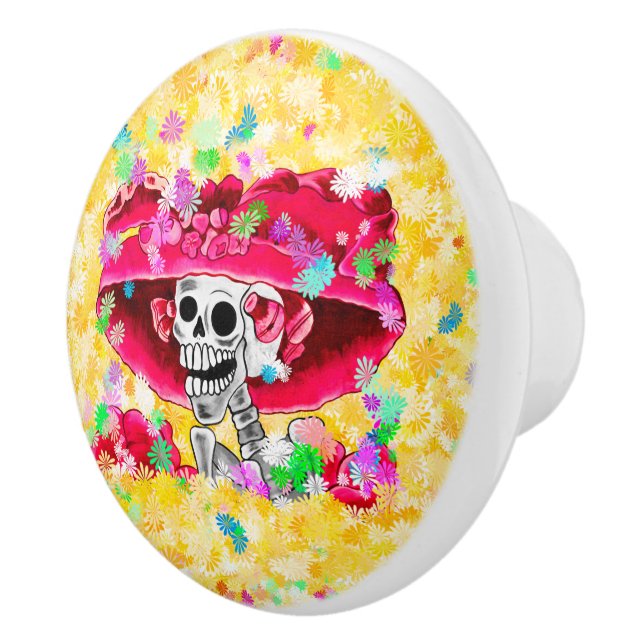 Laughing Skeleton Woman in Red Bonnet Ceramic Knob (Right)