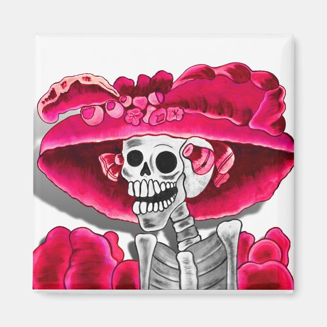 Laughing Skeleton Woman in Red Bonnet Magnet (Front)
