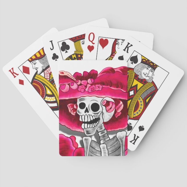 Laughing Skeleton Woman in Red Bonnet Playing Cards (Back)