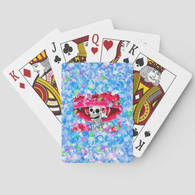 Laughing Skeleton Woman in Red Bonnet Playing Cards (Back)