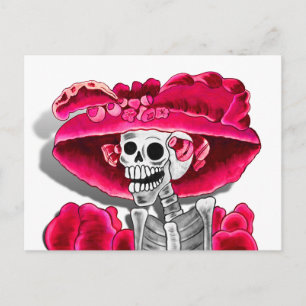 Laughing Skeleton Woman in Red Bonnet Postcard