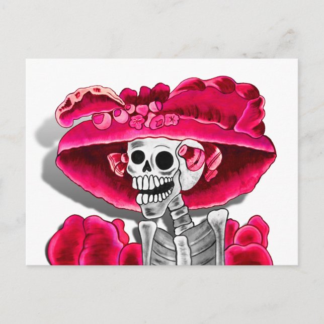 Laughing Skeleton Woman in Red Bonnet Postcard (Front)
