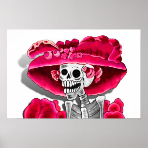 Laughing Skeleton Woman in Red Bonnet Poster