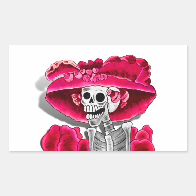 Laughing Skeleton Woman in Red Bonnet Sticker (Front)