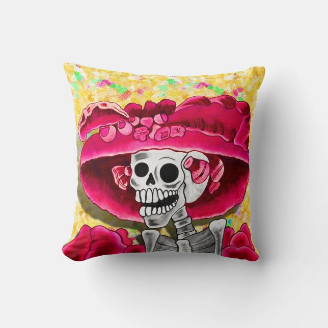 Laughing Skeleton Woman in Red Bonnet Throw Pillow (Front)