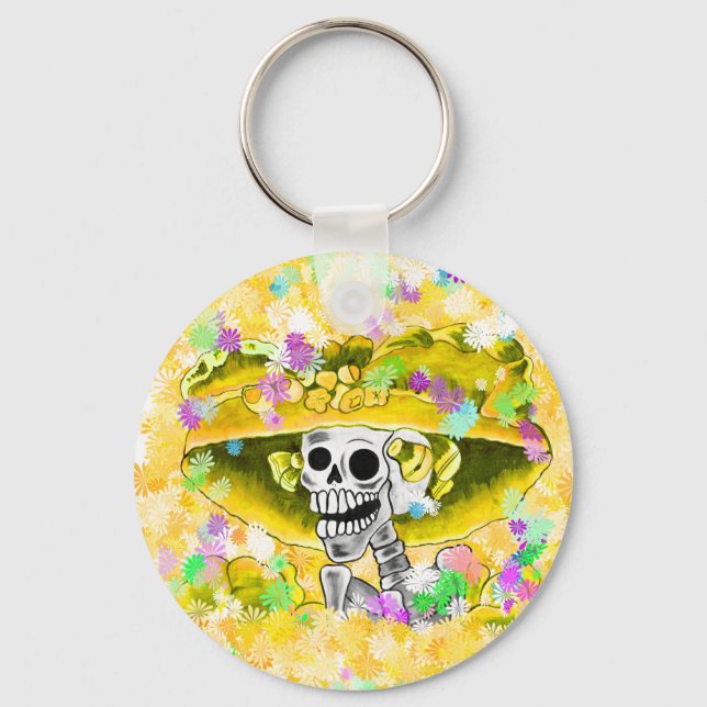 Laughing Skeleton Woman in Yellow Bonnet Keychain (Front)