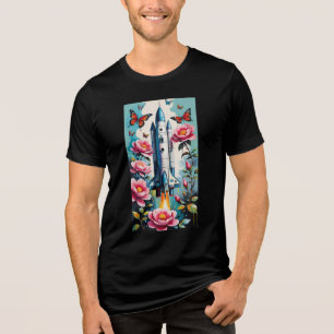 Launching Rocket With Pink Flowers And Butterflies Tri-Blend Shirt