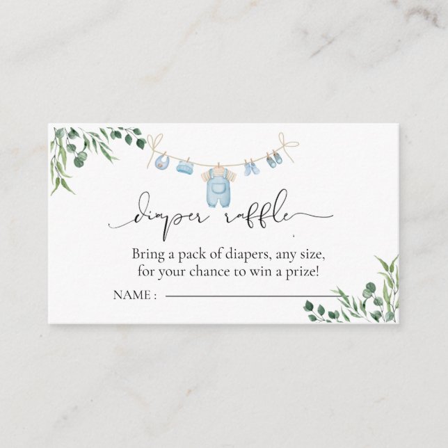 Laundry Blue Greenery Baby Shower Diaper Raffle Enclosure Card (Front)