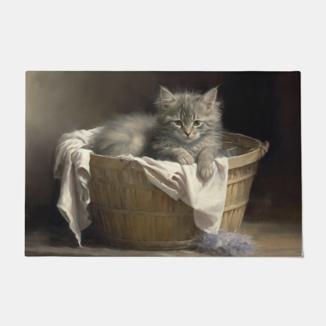 Laundry Or Playtime Grey Kitten Portrait Doormat (Front)