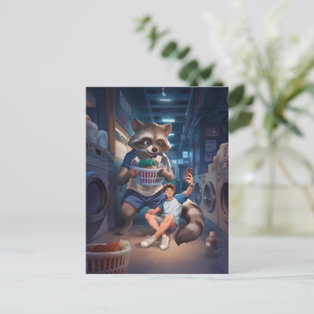 Laundry Time – Selfie with a Giant Raccoon Postcard (Standing Front)