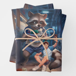Laundry Time – Selfie with a Giant Raccoon Wrapping Paper Sheet