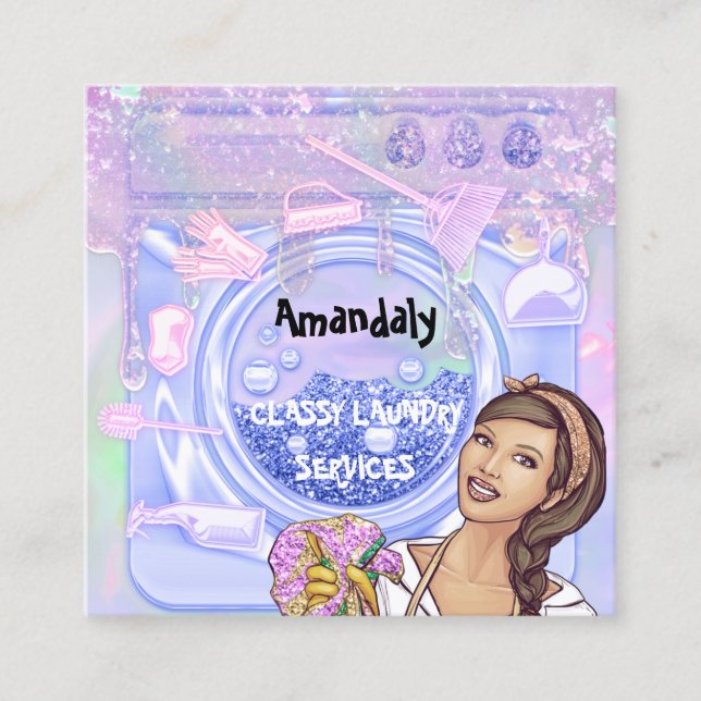 Laundry Washing Cleaning Service QR Code Holograph Square Business Card (Front)