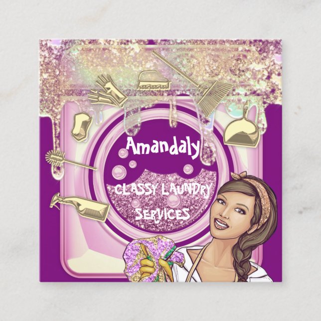 Laundry Washing Cleaning Service QR Code Logo Gold Square Business Card (Front)