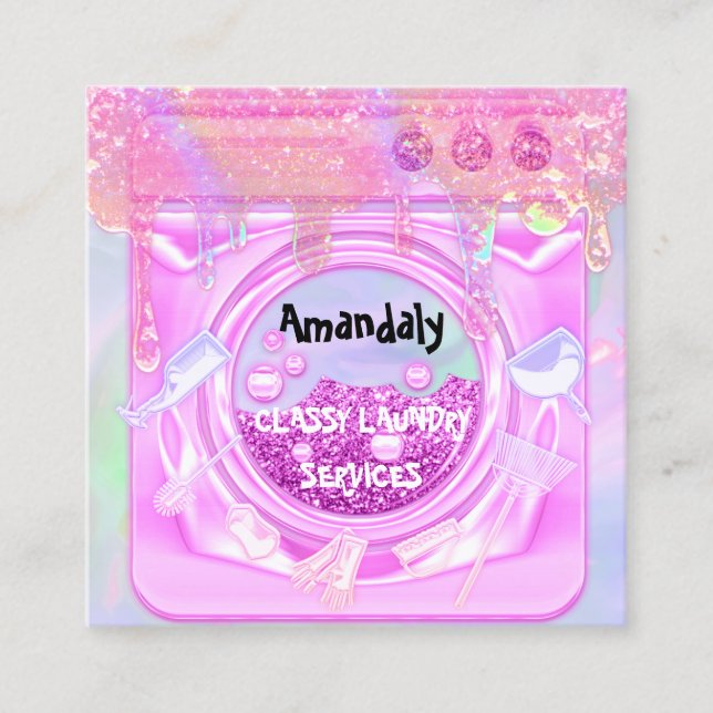 Laundry Washing Cleaning Service QR Code Maid Home Square Business Card (Front)