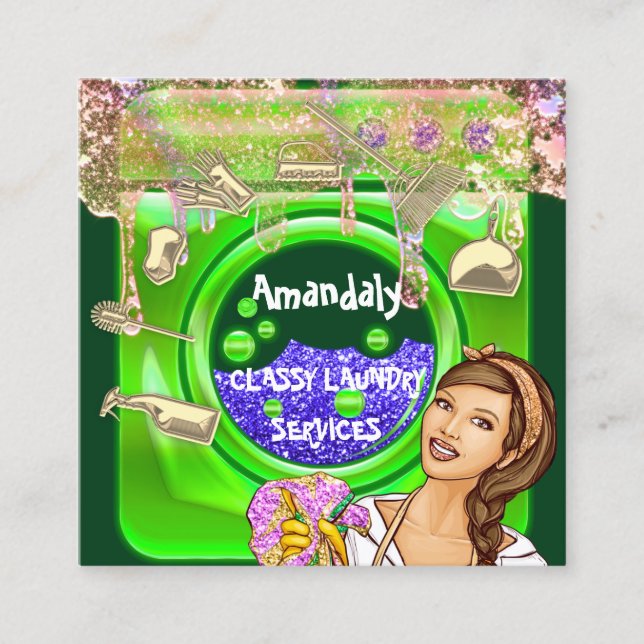 Laundry Washing Cleaning Services QRCode Greenery Square Business Card (Front)