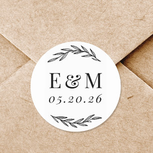 Laurel Branch Monogram Wedding Favor Classic Round Sticker