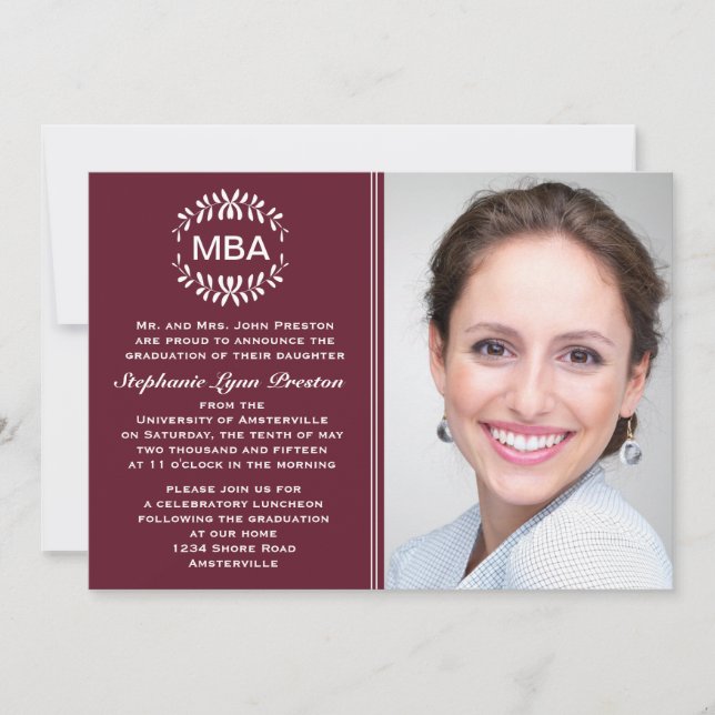 Laurel Branches Maroon Photo Graduation Invitation (Devant)