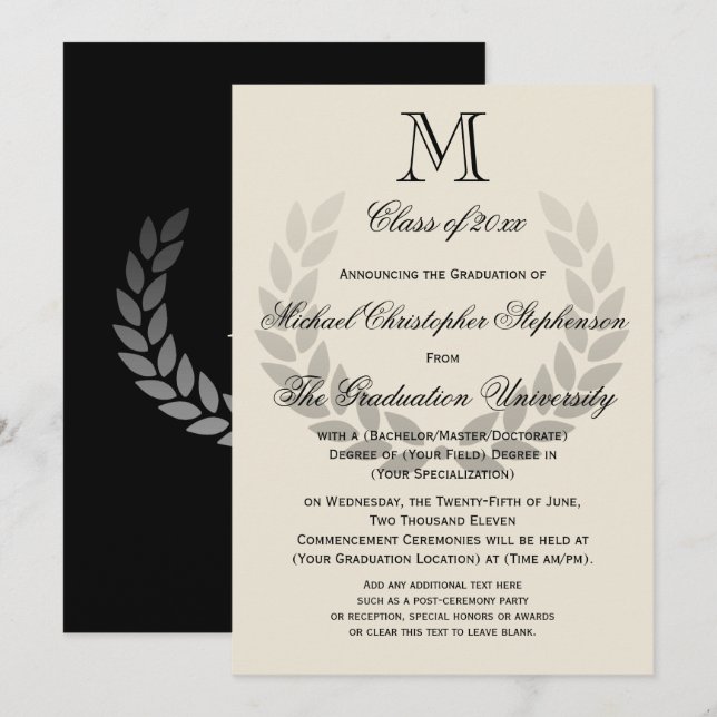 Laurel Crest Monogram Classic College Graduation I Invitation (Front/Back)