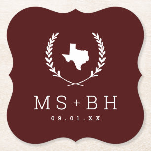 Laurel Crest Texas Wedding Monogram   Burgundy Paper Coaster