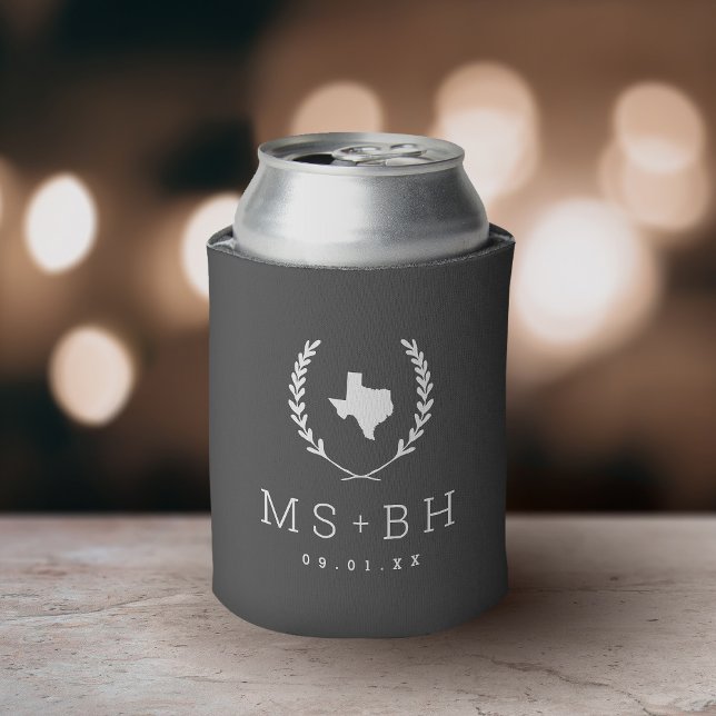 Laurel Crest Texas Wedding Monogram | Charcoal Can Cooler (Creator Uploaded)