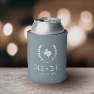Laurel Crest Texas Wedding Monogram   Dusty Blue Can Cooler