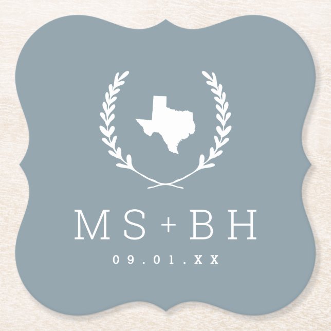Laurel Crest Texas Wedding Monogram | Dusty Blue Paper Coaster (Front)