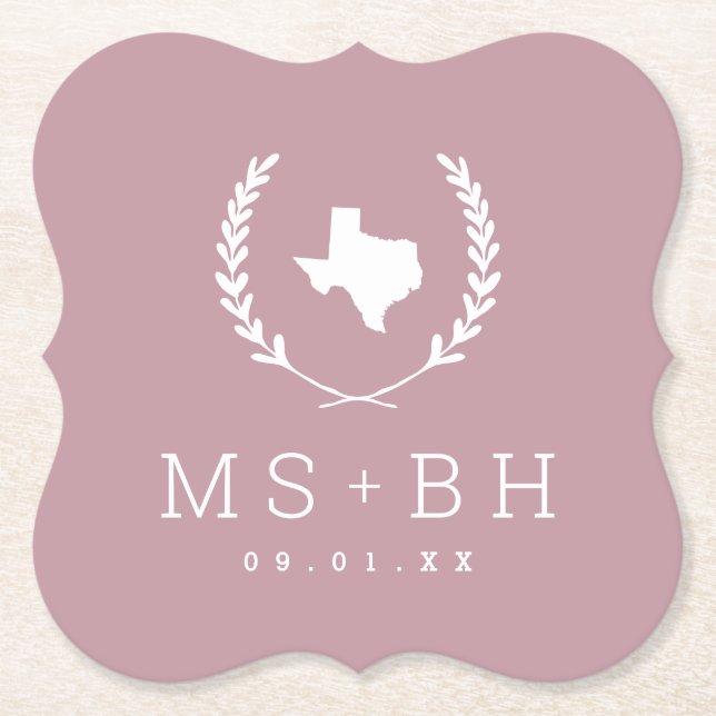 Laurel Crest Texas Wedding Monogram | Mauve Paper Coaster (Front)