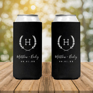 Laurel Crest Wedding Monogram   Black Seltzer Can Cooler