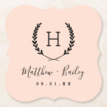Laurel Crest Wedding Monogram | Blush Paper Coaster<br><div class="desc">Personalize the template with the bride and groom's names or monogram initials. Add your wedding date, the city, state or venue name or any other custom text. This modern rustic logo-style design has a laurel branch frame with your monogram initial. Use the design tools to choose any colours, edit the...</div>