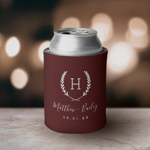 Laurel Crest Wedding Monogram   Burgundy Can Cooler