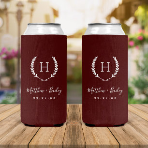 Laurel Crest Wedding Monogram   Burgundy Seltzer Can Cooler