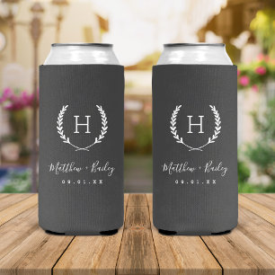 Laurel Crest Wedding Monogram   Charcoal Seltzer Can Cooler